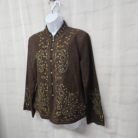 Silkland Brown Green Paisley Embroidered Boho Silk Retro Hippie Jacket M - Picture 7 of 12